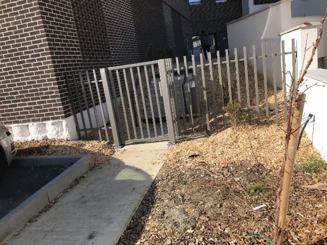 Clôture en métal noir avec portail, jardin avec feuilles mortes
